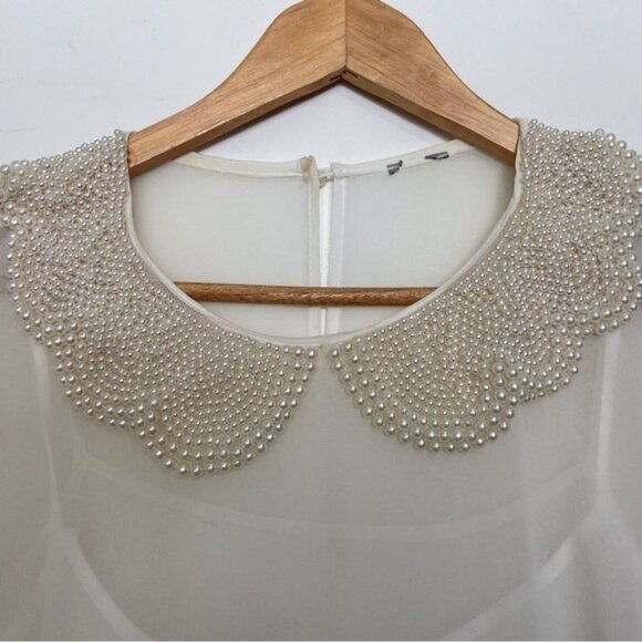 Amazing pearl white dress beaded embellishments off white short sleeves sheer M - Picture 6 of 13